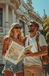© yevgeniya131988 - Young couple exploring city, using map and travel guidebook, planning sightseeing and enjoying their vacation