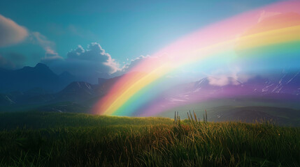 Wall Mural - A rainbow is seen in the sky above a grassy field