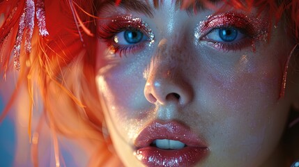 A woman with red hair and blue eyes is wearing glittery makeup