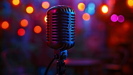 Poster - This vintage microphone stands on a stage with colorful lights in the background.