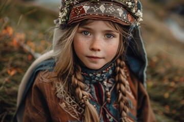 Wall Mural - A young girl wearing a colorful hat and a brown jacket