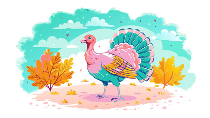 Wall Mural - Colorful Illustrated Thanksgiving Turkey in Autumn Setting