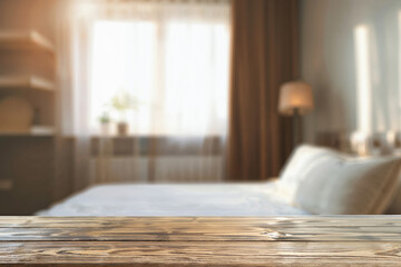 Poster - Empty wooden table top with blurred bedroom background, ideal for product placement