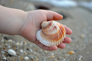 Wall Mural - A child is holding a shell on the beach