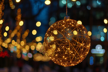 Wall Mural - A large golden ball with lights is hanging from a string