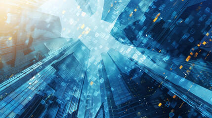 Poster - A cityscape with tall buildings and a blue sky