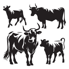 set of cow silhouettes isolated on a white background, vector illustration.