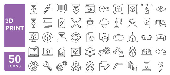Set of 50 line icons related to 3d print, modelling, 3D scanner, additive manufacturing, prototyping, Editable stroke. Vector illustration