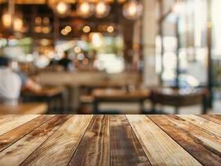 Aufkleber - Rustic wooden table with a cozy restaurant background, perfect for showcasing products in a cafe or bar setting