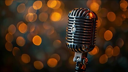 Poster - This vintage microphone on a stage with orange bokeh lights in the background.