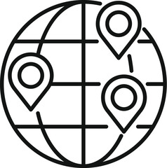 Poster - Simple line art icon of a globe with three location pins, representing global connectivity and networking