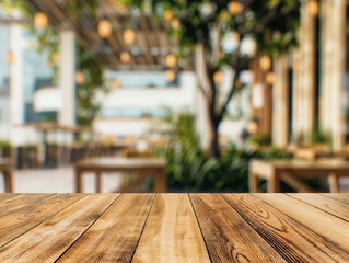 Aufkleber - Empty wooden tabletop perspective for product placement or montage with blurred restaurant background