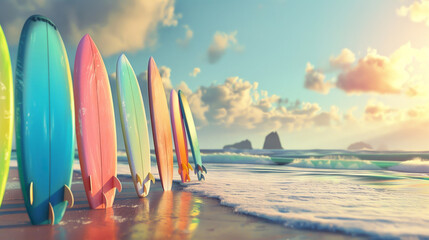 Wall Mural - A row of surfboards are lined up on the beach