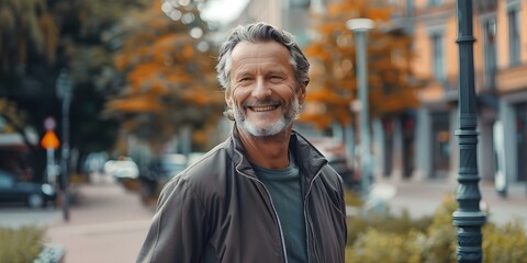 Sticker - Medium shot of mature man in tracksuit smiling against city square. Concept Portrait Photography, Urban Background, Happy Expression, Mature Adult, Lifestyle Portrait