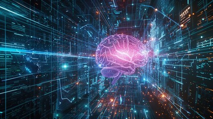 Aufkleber - AI Realm: Exploring the digital brain's core, surrounded by flowing big data