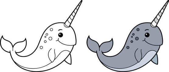 Wall Mural - Cute Cartoon Narwhal Whale Clipart Isolated Illustration - Outline and Color