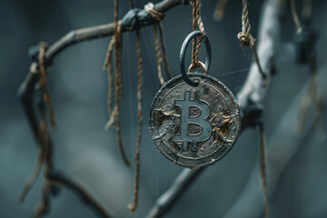Poster - A coin with the letter B on it is hanging from a tree branch