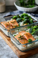 Wall Mural - Asian dish. Fried salmon with rice and vegetables. Sprinkled with sesame seeds. Front view. Natural background.