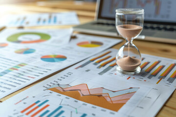 Poster - a glass sand timer sits on a table with a stack of papers