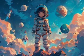 Wall Mural - Illustration of a Young Astronaut in Space