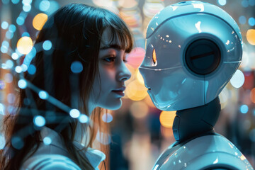 Poster - A woman is looking at a robot