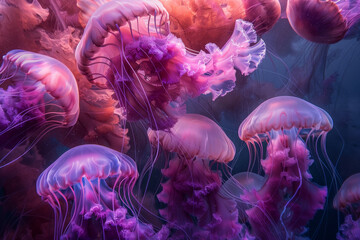 Wall Mural - A group of jellyfish in a purple and pink color