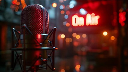 Poster - This microphone sits in front of a red On Air sign. Podcast and streaming concept