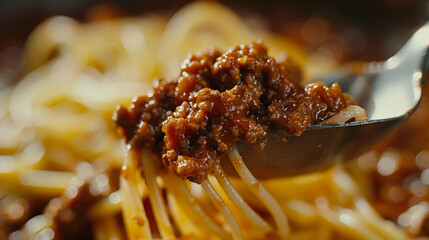 Wall Mural - A spoonful of spaghetti with meat sauce is being lifted from a bowl