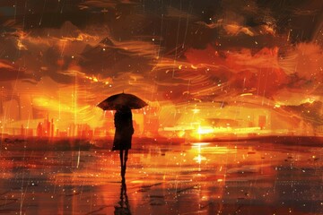 Canvas Print - Abstract Illustration of a Silhouette with Umbrella at Sunset