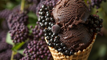 Canvas Print - A cone of rich chocolate ice cream is sprinkled with foraged elderberries for a tart and sweet flavor combination.