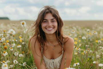 Wall Mural - Young Woman Smiling in a Flower Field