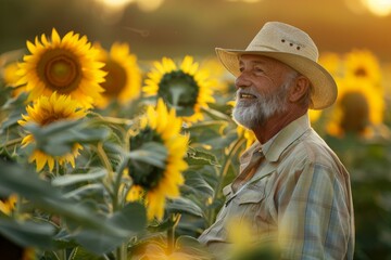 Poster - Farmer admiring sunflowers at sunset