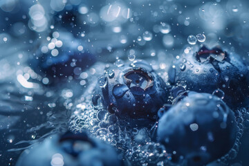 A close up of blueberries with water droplets surrounding them