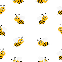 Poster - Seamless pattern happy flying bees. Cartoon bees with big eyes. Vector illustration on white background.