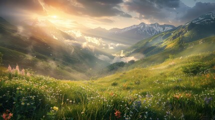 Wall Mural - Mountain Meadow Sunset with Golden Rays of Light
