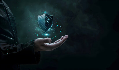 Poster - cybersecurity and privacy concepts to protect data. businessman holding cyber security technology on