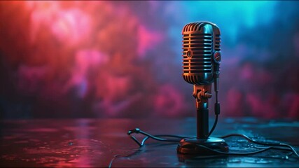 Poster - This vintage microphone sits on a stage lit by pink and blue lights.