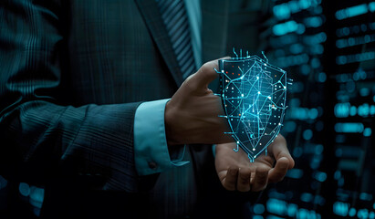 Poster - cybersecurity and privacy concepts to protect data. businessman holding cyber security technology on