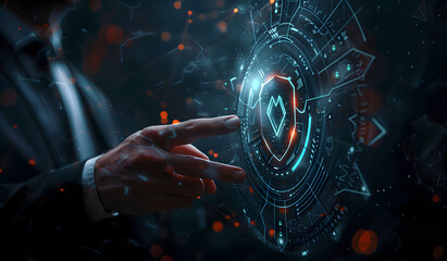 Poster - cybersecurity and privacy concepts to protect data. businessman holding cyber security technology on