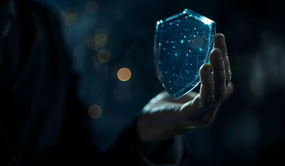 Poster - cybersecurity and privacy concepts to protect data. businessman holding cyber security technology on