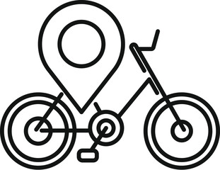 Sticker - Line art icon of a bicycle with a location pin, perfect for representing bike rentals, city transportation, and navigation