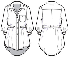 Wall Mural - Women woven shirt dress design with pocket flat sketch fashion illustration with front and back view. belted long bishop sleeve curved hem shirt dress drawing vector template