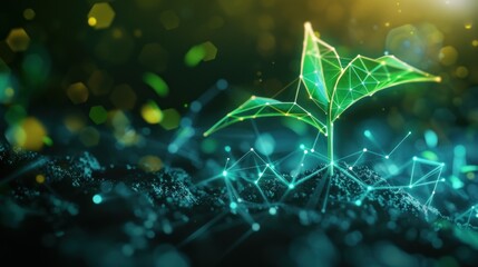 Wall Mural - futuristic seedling growth with glowing polygonal light. generative ai image