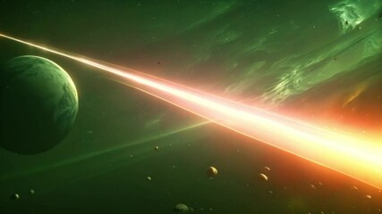 Fototapete - This bright, golden light streaks through a green nebula in space, passing by a distant planet.