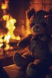 © cff999 - a teddy bear sitting in front of a fireplace