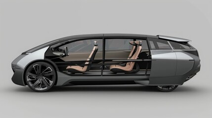 Poster - A futuristic electric car with its door open, revealing the interior seats. The car is sleek and modern, with a minimalist design.