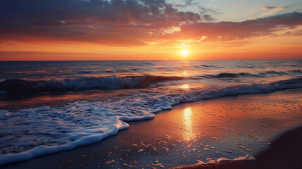 Wall Mural - sunset at the beach with tide coming in