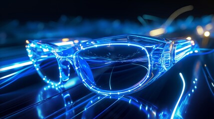Wall Mural - A pair of transparent glasses with neon blue lights, set against a dark, reflective surface with dynamic light trails.