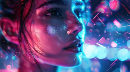 Wall Mural - Close up of young girl in futuristic cyberpunk style. generative AI image