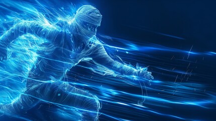 Wall Mural - A glowing, blue, digital ninja dashes forward, leaving a trail of light streaks against a dark background.